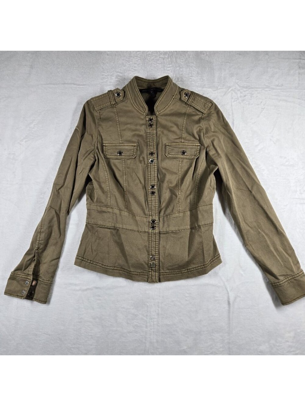 White House Black Market Khaki Beige Military Jacket Ruched Shoulder Size 6